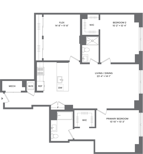 Floor plan for 2 beds, 2 baths, 1415 sqft